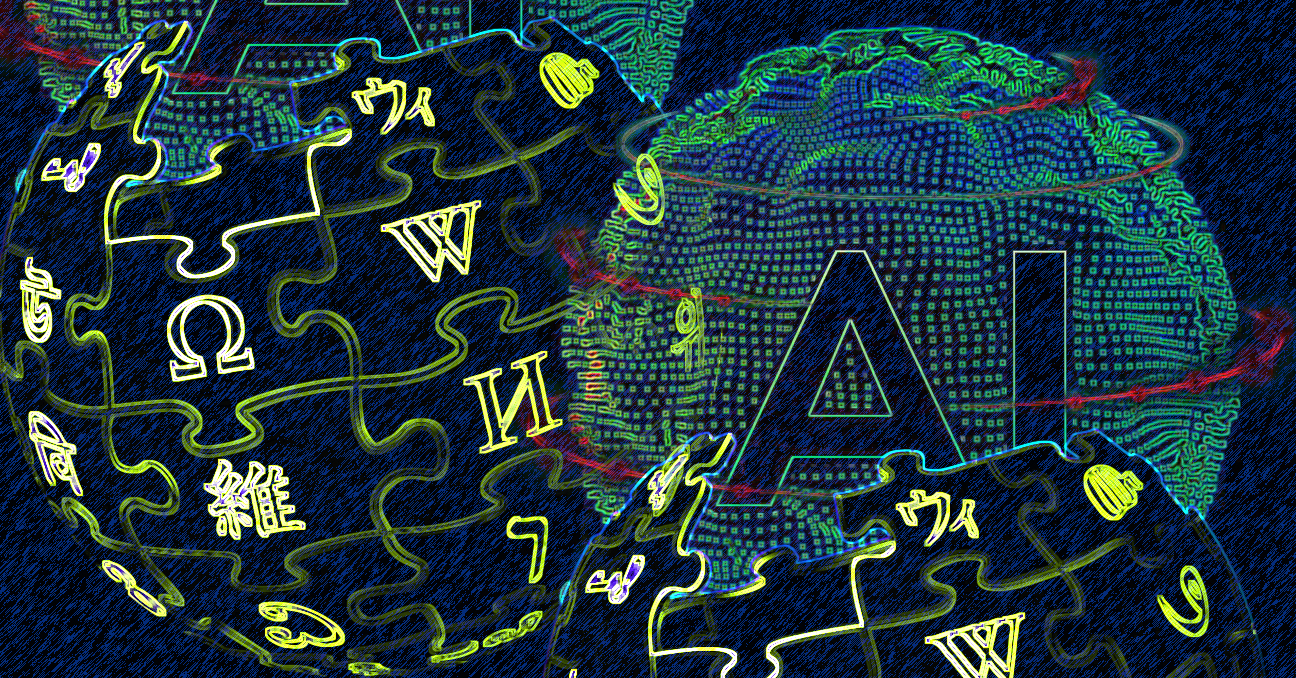 Dos globos terráqueos en fondo oscuro y tonos neón, que contienen símbolos de diferentes idiomas y la sigla AI 